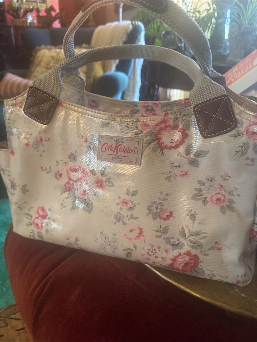 Cath Kidston Cream Floral Tote with Pink and Gray Accents and Tan Handles
